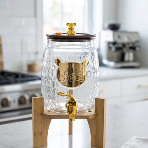 3.6-liter clear glass drink dispenser featuring a gold bear face design, gold spigot, and sturdy wooden stand set on a kitchen counter