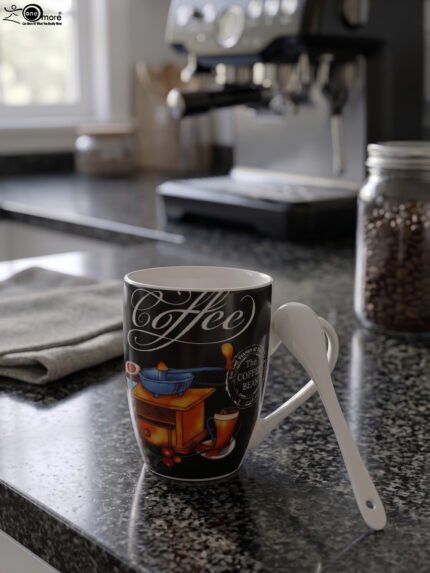 Black ceramic coffee mug printed with vintage grinder graphic and a white spoon resting in the handle slot on a granite kitchen counter.