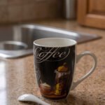 Printed ceramic coffee mug with French press illustration resting on a granite countertop with a small white spoon.