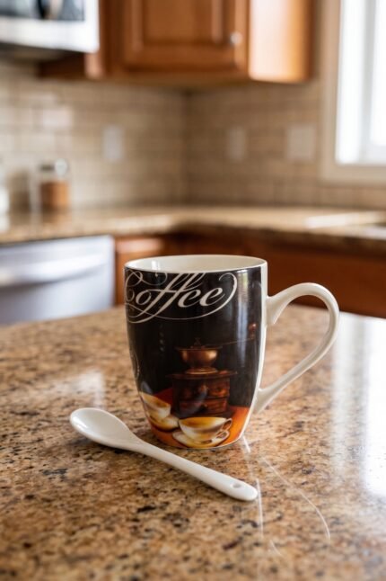 Black ceramic mug printed with vintage coffee grinder artwork next to a white ceramic spoon on a kitchen countertop.