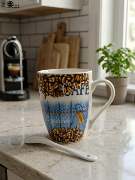 Tall ceramic mug with coffee bean print, blue cafe design, and matching ceramic spoon sitting on a kitchen marble countertop.