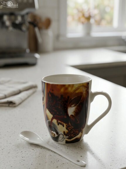Ceramic mug featuring a full-wrap printed coffee bean and espresso graphic sitting on a kitchen counter next to a matching white ceramic spoon.