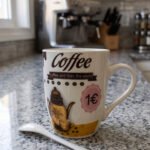 White printed ceramic coffee mug reading "Coffee and then the world" sitting on a granite countertop next to a small white spoon