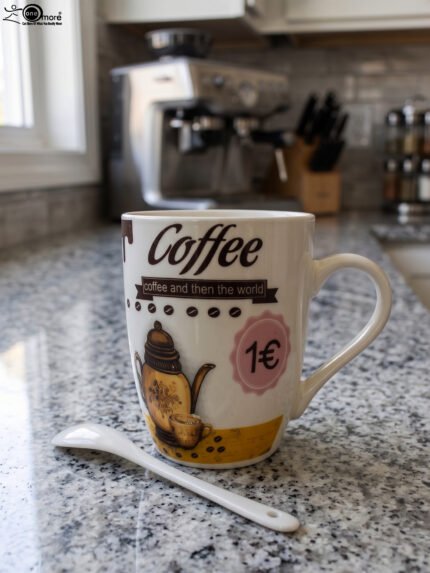 White printed ceramic coffee mug reading "Coffee and then the world" sitting on a granite countertop next to a small white spoon