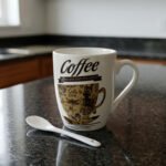 White ceramic coffee mug printed with 'Coffee and then the world' text and vintage coffee art next to a white spoon on a kitchen counter.