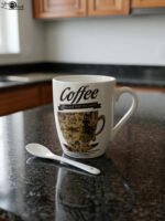 White ceramic coffee mug printed with 'Coffee and then the world' text and vintage coffee art next to a white spoon on a kitchen counter.