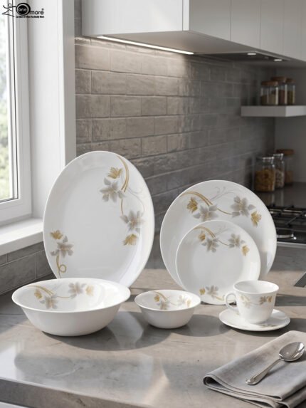 Printed 32 piece white marble ceramic dinnerware set featuring elegant floral patterns displayed on a kitchen counter
