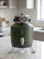Bangda 5L matte green insulated water cooler jug with stainless steel dispenser tap and metal folding stand on a white marble countertop.