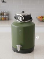 Olive green 7L Bangda insulated water beverage cooler jug with a stainless steel spigot and top handle.