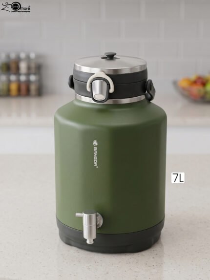 Olive green 7L Bangda insulated water beverage cooler jug with a stainless steel spigot and top handle.
