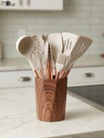 11-piece cream silicone kitchen utensil set with rose gold handles in a wooden holder on a marble countertop
