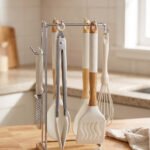 8 piece white silicone kitchen utensil set hanging on a stainless steel stand with wooden handles on a wooden countertop