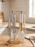 8 piece white silicone kitchen utensil set hanging on a stainless steel stand with wooden handles on a wooden countertop
