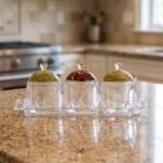 3-piece clear acrylic jar set with patterned dome lids, clear spoons, and serving tray on a kitchen countertop