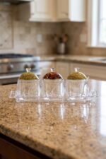 3-piece clear acrylic jar set with patterned dome lids, clear spoons, and serving tray on a kitchen countertop