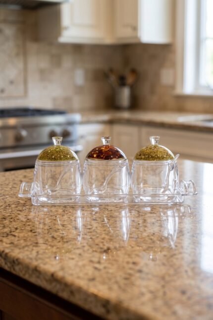 3-piece clear acrylic jar set with patterned dome lids, clear spoons, and serving tray on a kitchen countertop