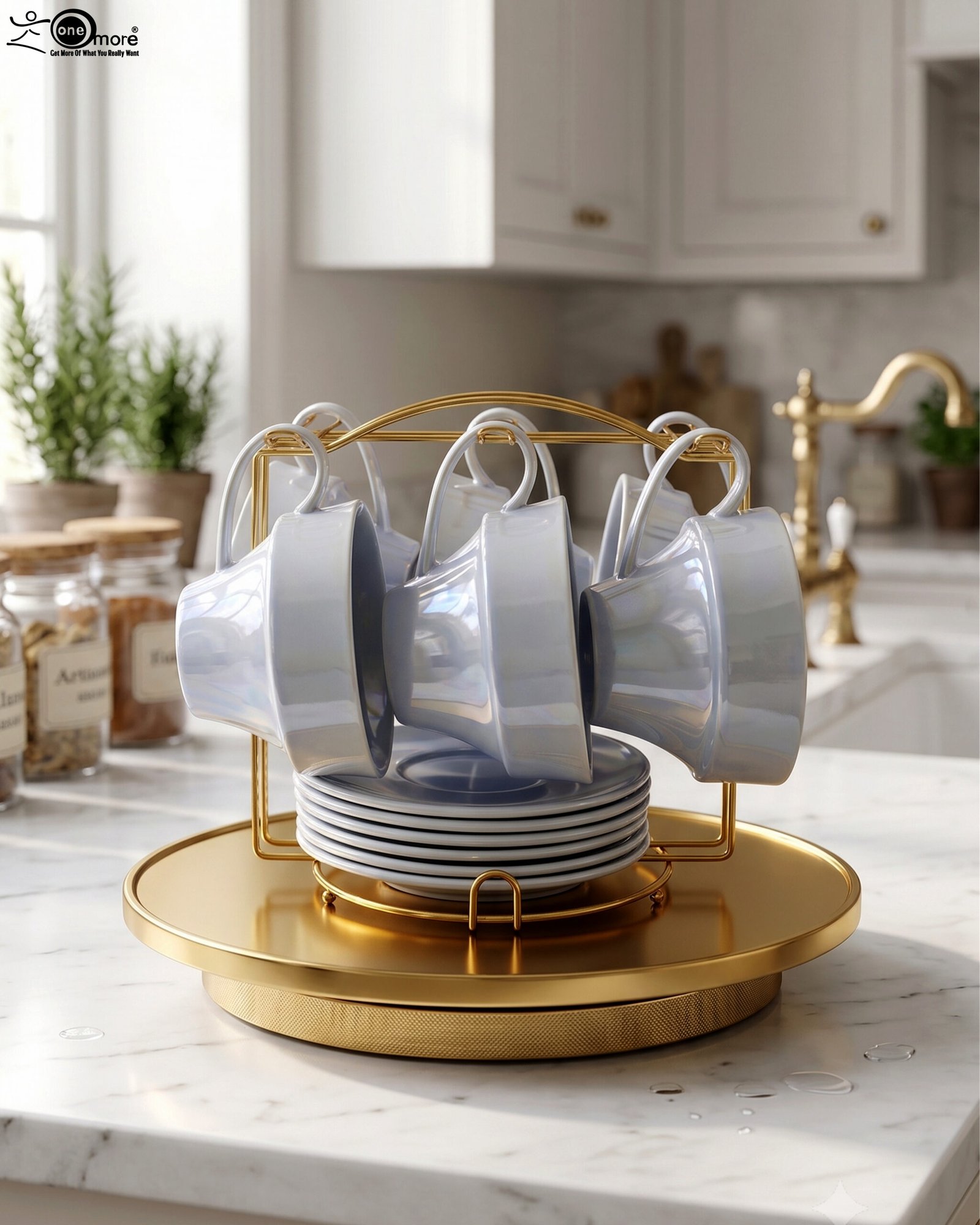 1 Luxury ceramic tea set with 6 cups, 6 saucers, and a golden stand on a kitchen counter