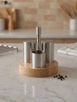 Stainless steel salt and pepper shakers with toothpick holder set in a wooden base on a marble kitchen countertop