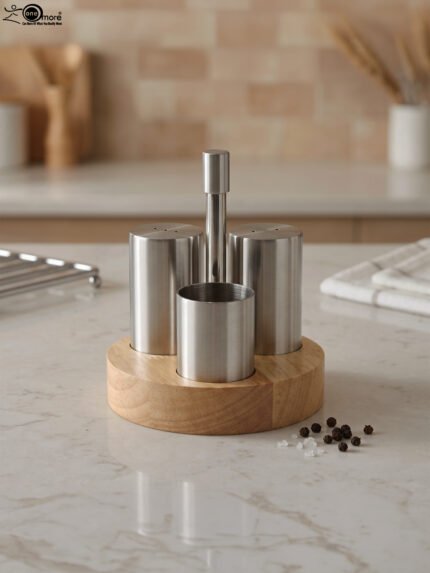 Stainless steel salt and pepper shakers with toothpick holder set in a wooden base on a marble kitchen countertop