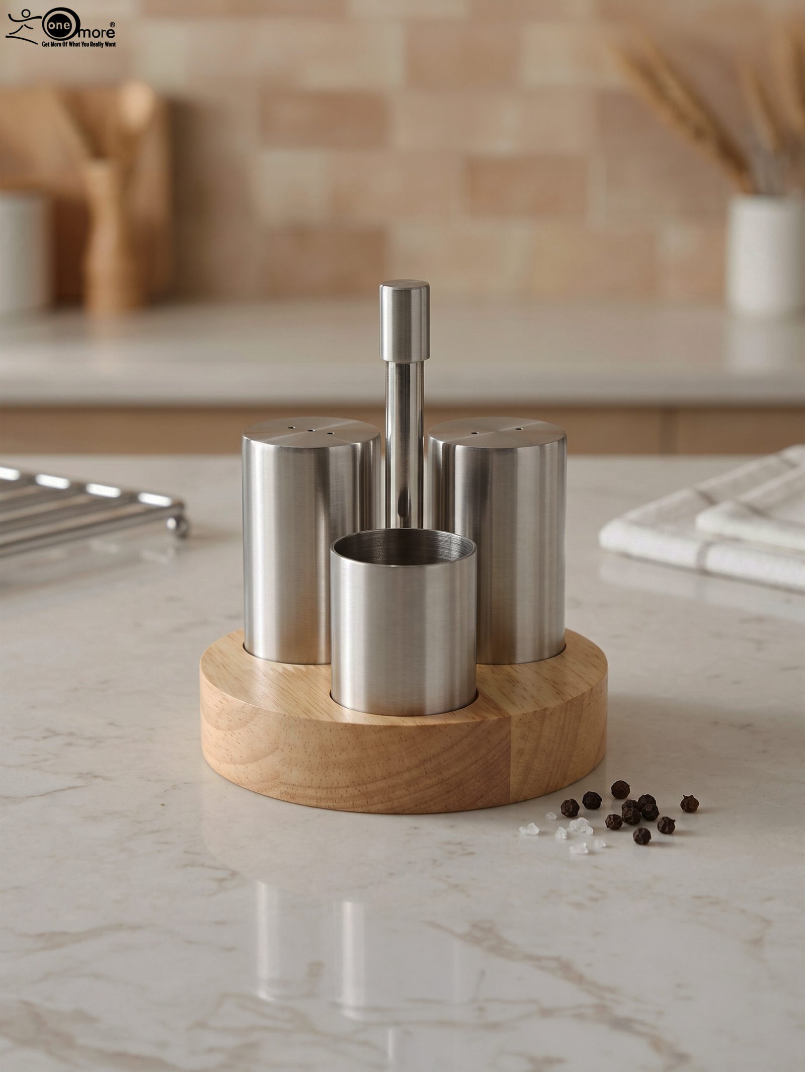 1 Stainless steel salt and pepper shakers with toothpick holder set in a wooden base on a marble kitchen countertop
