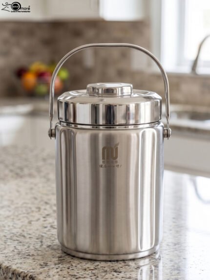 Polished insulated stainless steel lunch box container with a metal carrying handle on a kitchen countertop