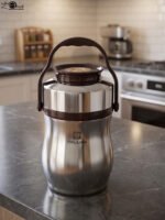AILIJIN insulated stainless steel lunch box container with a dark brown carrying handle sitting on a modern kitchen countertop.