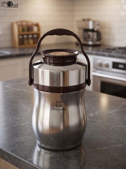 AILIJIN insulated stainless steel lunch box container with a dark brown carrying handle sitting on a modern kitchen countertop.