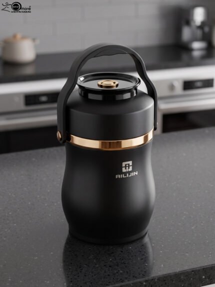 Matte black portable insulated lunch box jar with gold trim accent and black top handle on a kitchen counter