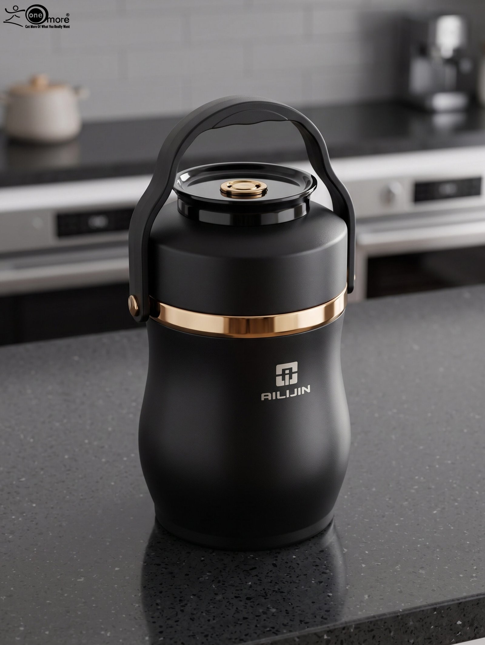 1 Matte black portable insulated lunch box jar with gold trim accent and black top handle on a kitchen counter