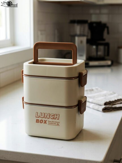 Cream and brown 2-in-1 double-layer portable lunch box with handle sitting on a kitchen counter