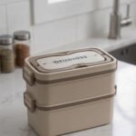 Beige and brown 2 in 1 double layer bento lunch box with locking latches on a kitchen counter