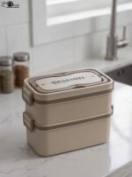 Beige and brown 2 in 1 double layer bento lunch box with locking latches on a kitchen counter
