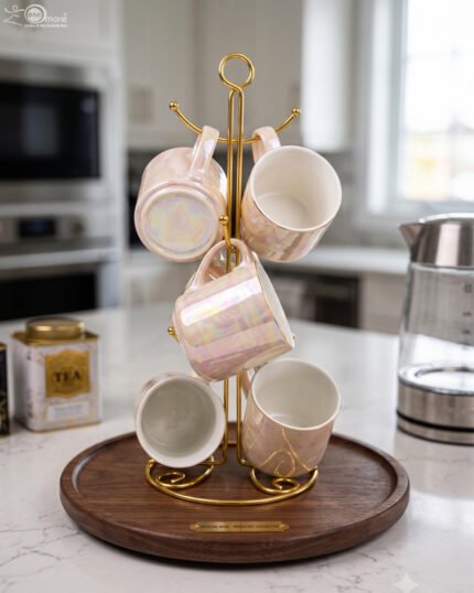 A set of 6 iridescent ceramic tea and coffee mugs hanging on a gold-tone metal stand resting on a wooden tray with a kitchen interior background.