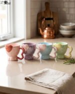 Four colorful ceramic mugs featuring heart accents and beaded handles lined up on a kitchen counter.