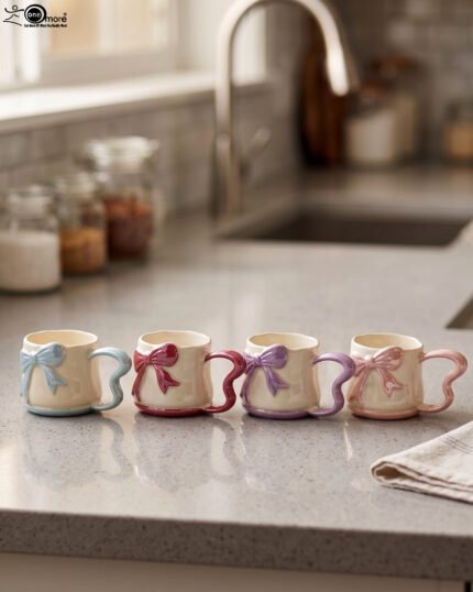 Four pastel ceramic coffee mugs with cute 3D bows and heart-shaped handles lined up on a kitchen counter.