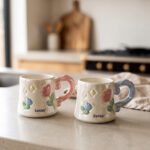 Two glazed ceramic mugs with embossed 3D flowers, stars, and pastel pink and blue artistic handles placed on a kitchen counter.
