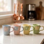 Four pastel ceramic coffee mugs with 3D floral designs lined up on a kitchen counter with cinematic lighting.