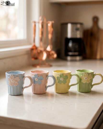 Four pastel ceramic coffee mugs with 3D floral designs lined up on a kitchen counter with cinematic lighting.