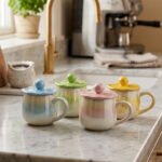 Four colorful pastel ceramic mugs with matching lids featuring sphere knobs, arranged neatly on a marble kitchen countertop with cinematic lighting