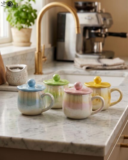 Four colorful pastel ceramic mugs with matching lids featuring sphere knobs, arranged neatly on a marble kitchen countertop with cinematic lighting