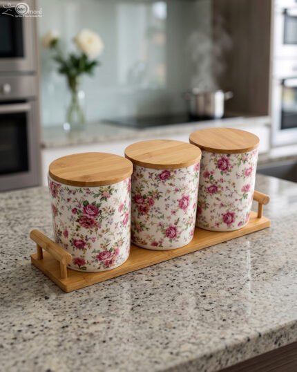 Three floral print ceramic storage jars with bamboo lids arranged on a matching wooden tray on a modern kitchen countertop