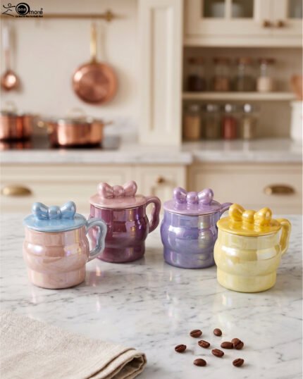 Four pastel ceramic mugs with matching lids and cute bow details, featuring a glossy pearl finish arranged on a marble kitchen countertop.