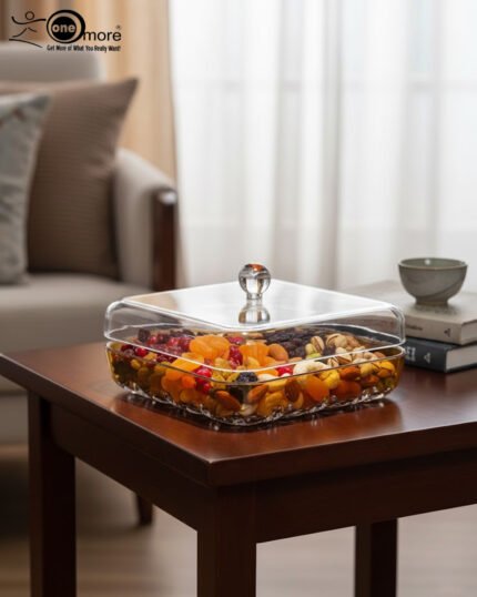 Two square crystal dry fruit dishes with gold trim bases and glass lids displayed on a wooden table in a luxury living room setting.