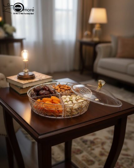 Two transparent crystal dry fruit serving dishes with partitioned interiors, gold geometric patterns, and crystal-topped lids placed on a wooden table.