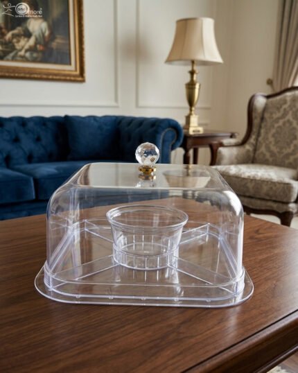 Clear acrylic compartmentalized dry fruit and cake serving dish with a square transparent lid and crystal handle on a wooden table.