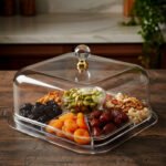 Clear acrylic cake stand with a domed lid and crystal knob displaying a frosted caramel-drizzled cake on a kitchen countertop.