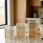 Three varying heights of clear ribbed acrylic storage jars with lids arranged on a modern kitchen countertop.
