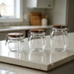Three transparent acrylic airtight storage jars of varying sizes featuring wooden lids, metal clamp locks, and attached spoons, displayed neatly on a white kitchen countertop from One More Crockery.