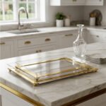 Two stacked luxury clear acrylic serving trays with polished gold trim and feet displayed on a white marble kitchen island.