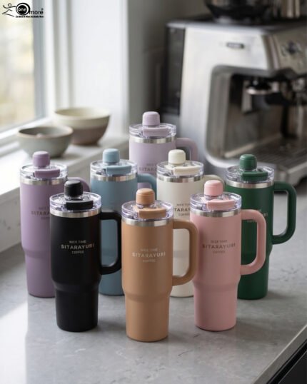 A collection of 900ml insulated "Nice Time Sitarayuri Coffee" tumblers with handles displayed in various colors on a kitchen counter.